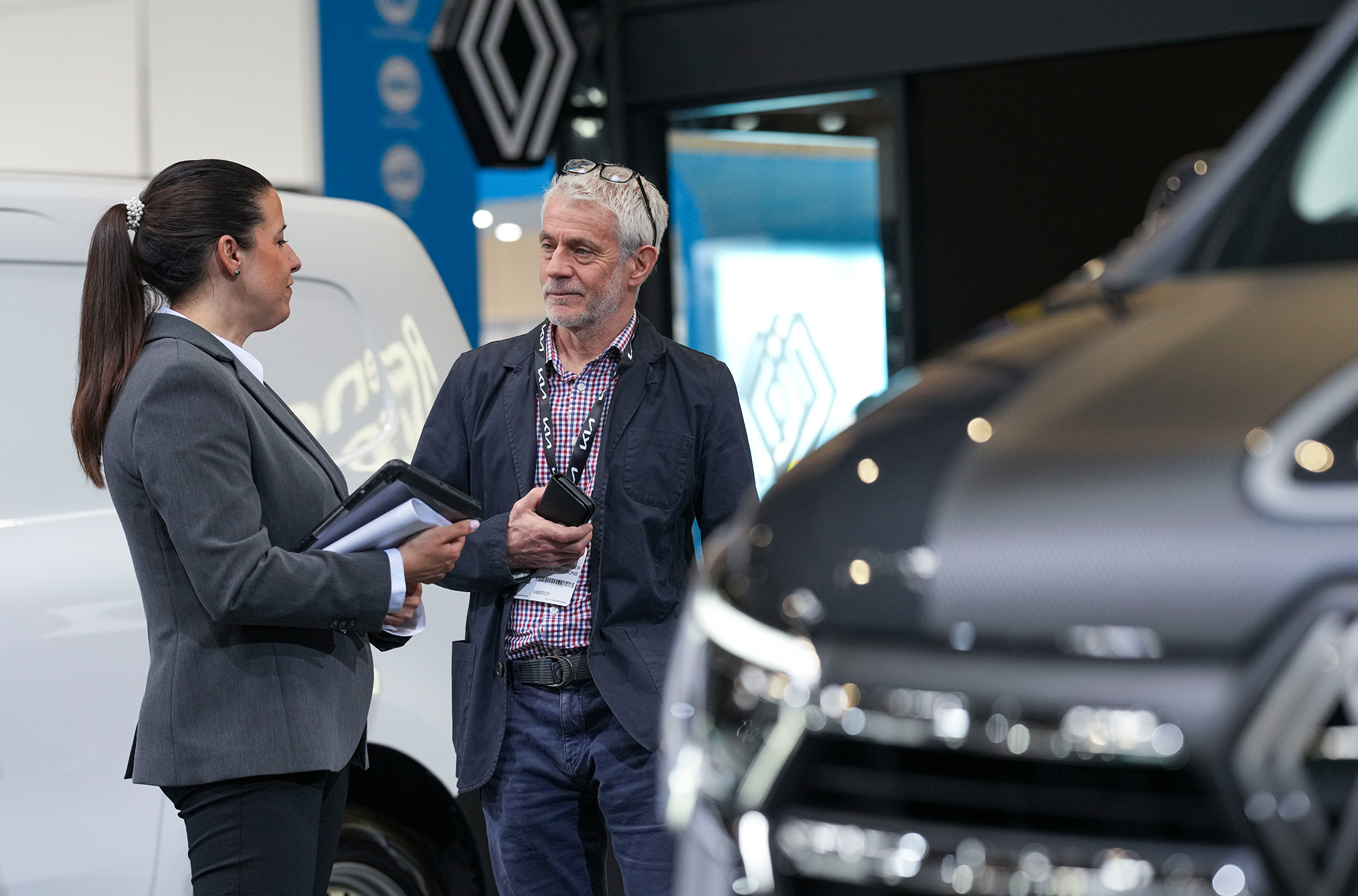 Two people talking on the Renault Stand at CV Show